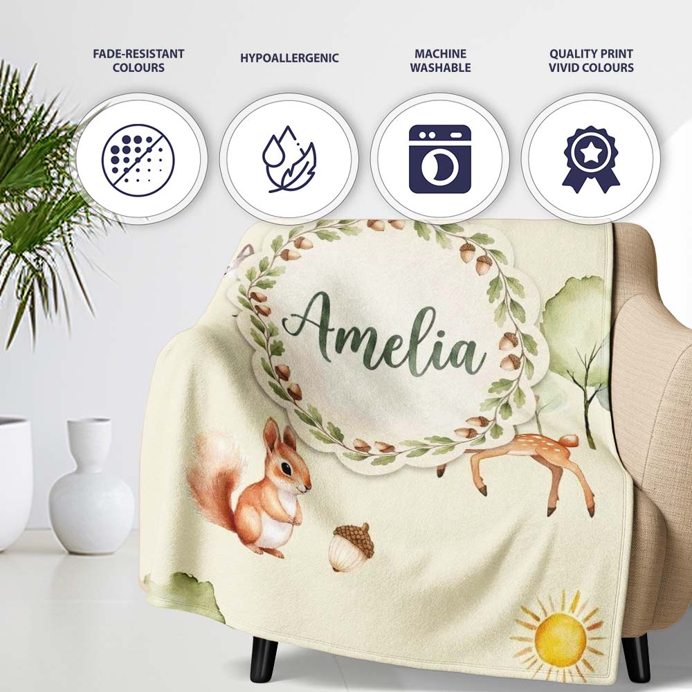 Woodland Deer Fox Squirrel Mushroom Forest Seamless Pattern Cream Personalised Custom Name Super Soft Fleece Blanket Bed Sofa Throw