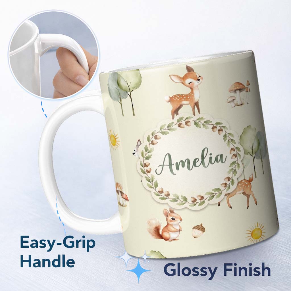 Personalized Custom Name Woodland Deer Fox Squirrel Mushroom Forest Seamless Pattern Cream 11oz Ceramic Coffee Tea Mug White Large Handle
