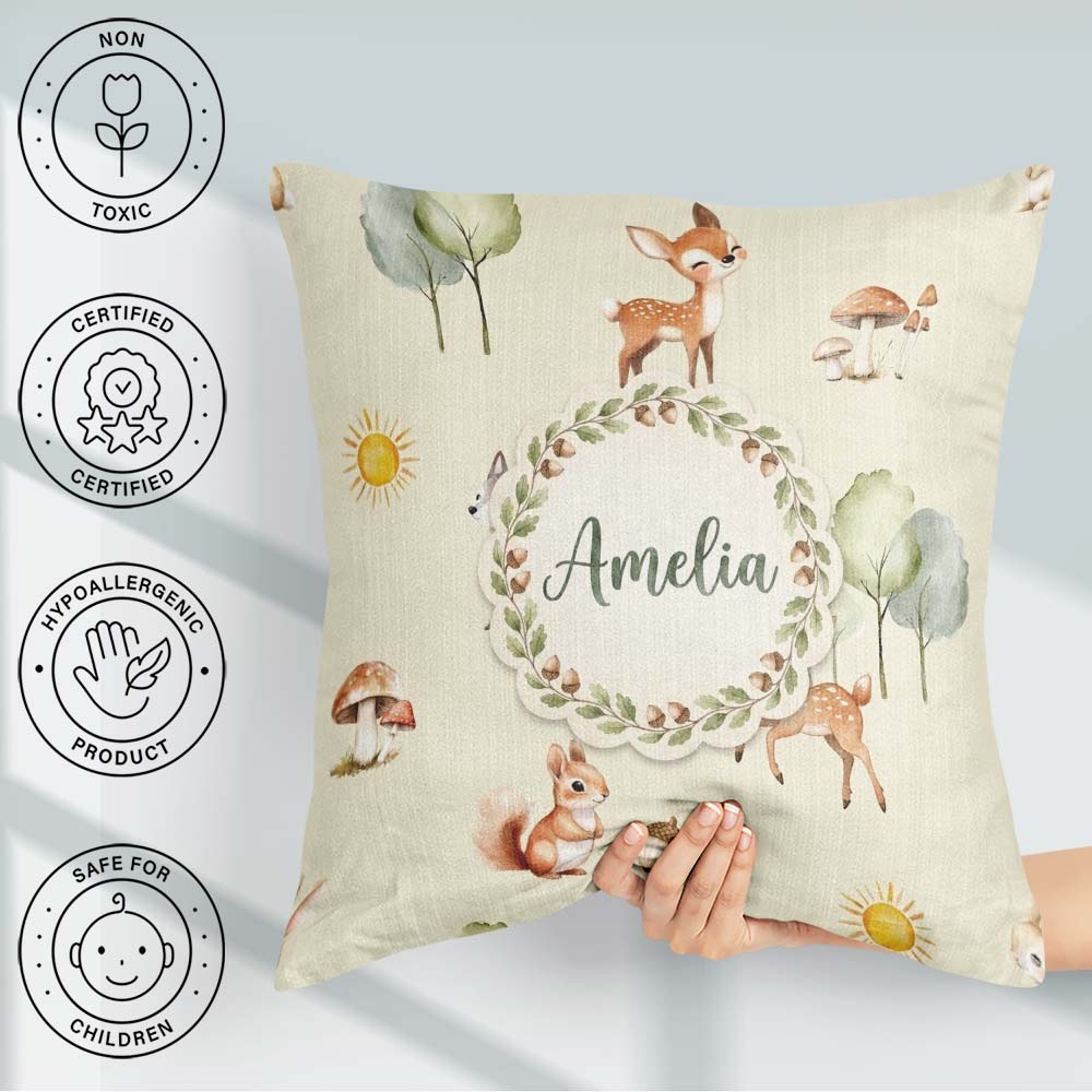 Custom Name Woodland Deer Fox Squirrel Mushroom Seamless Pattern Square Filled Cushion Throw Pillow Sofa Bed Home Decor Zip Washable UK Made