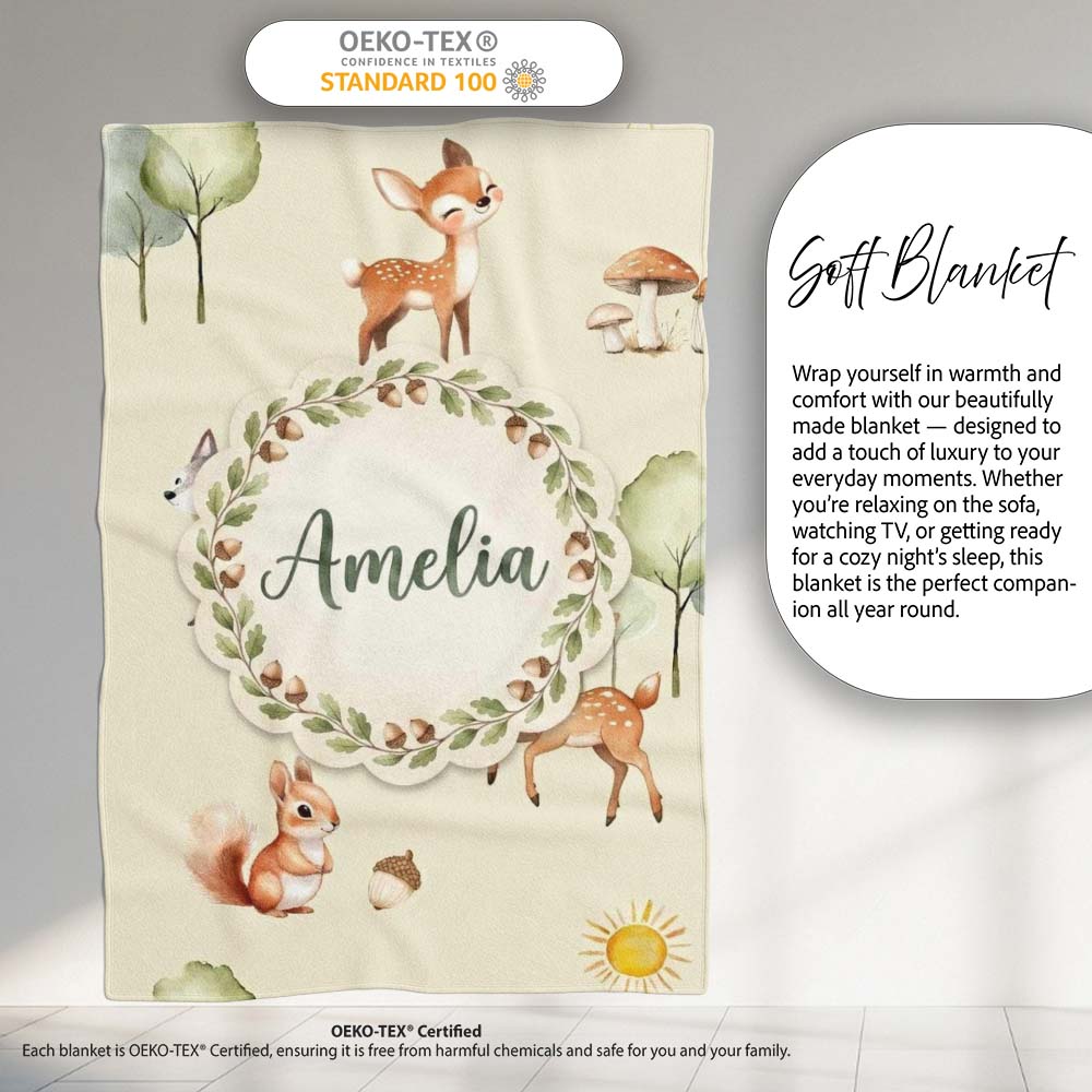 Woodland Deer Fox Squirrel Mushroom Forest Seamless Pattern Cream Personalised Custom Name Super Soft Fleece Blanket Bed Sofa Throw