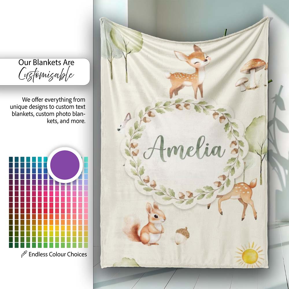 Woodland Deer Fox Squirrel Mushroom Forest Seamless Pattern Cream Personalised Custom Name Super Soft Fleece Blanket Bed Sofa Throw