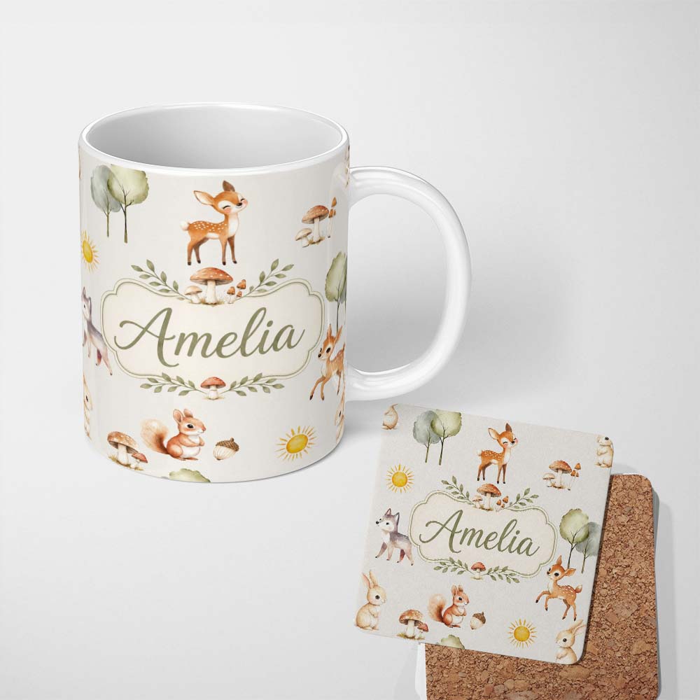 Personalized Custom Name Woodland Deer Fox Squirrel Mushroom Forest Seamless Pattern Light 11oz Ceramic Coffee Tea Mug White Large Handle