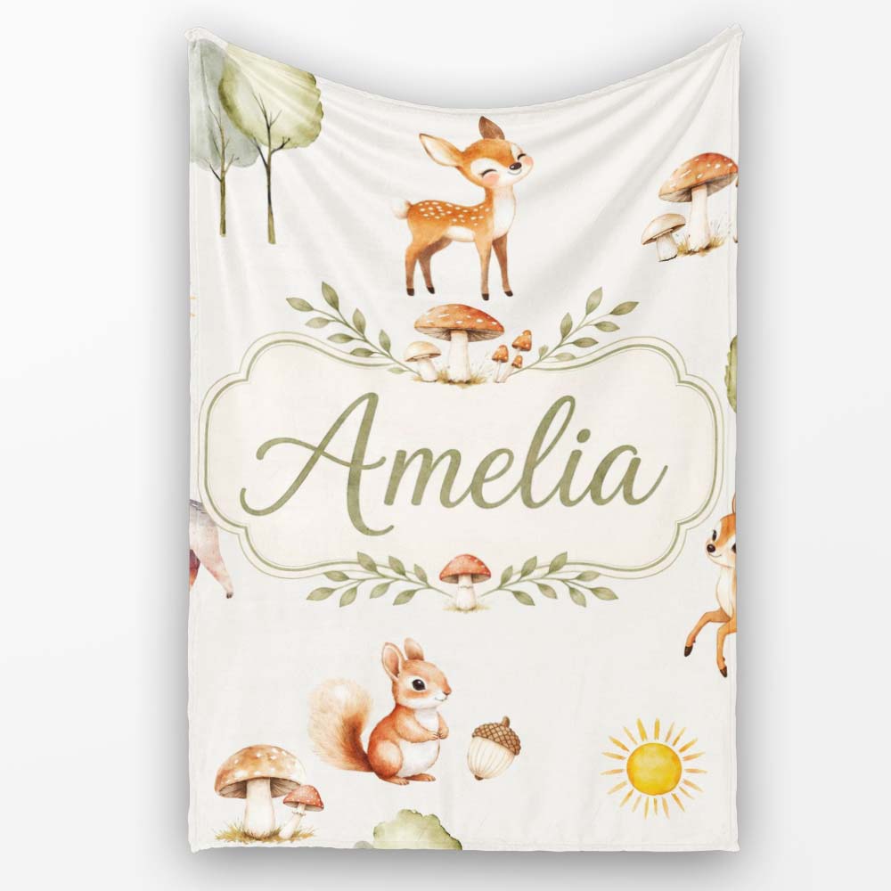 Woodland Deer Fox Squirrel Mushroom Forest Seamless Pattern Light Personalised Custom Name Super Soft Fleece Blanket Bed Sofa Throw