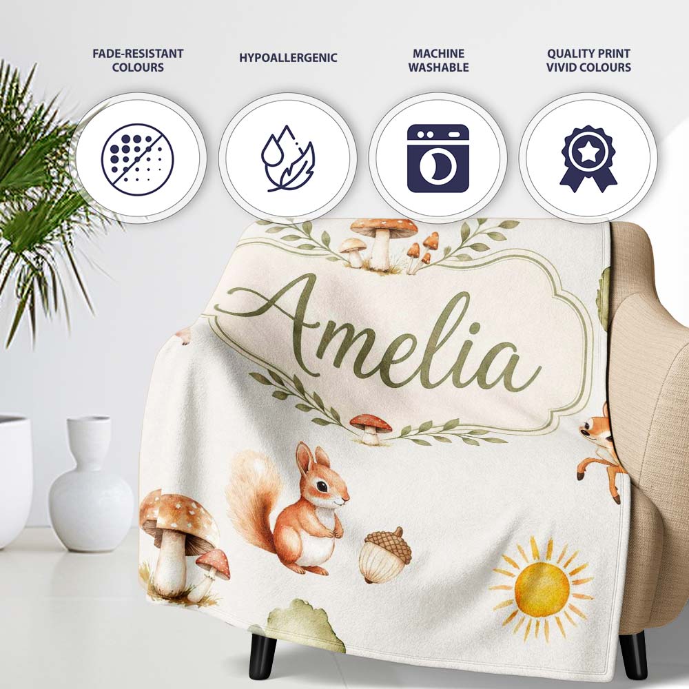 Woodland Deer Fox Squirrel Mushroom Forest Seamless Pattern Light Personalised Custom Name Super Soft Fleece Blanket Bed Sofa Throw