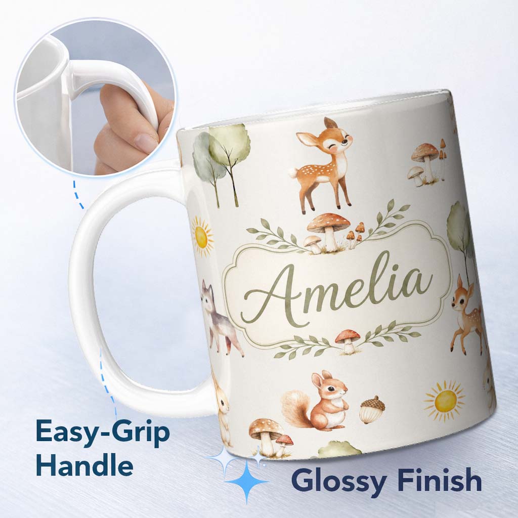 Personalized Custom Name Woodland Deer Fox Squirrel Mushroom Forest Seamless Pattern Light 11oz Ceramic Coffee Tea Mug White Large Handle