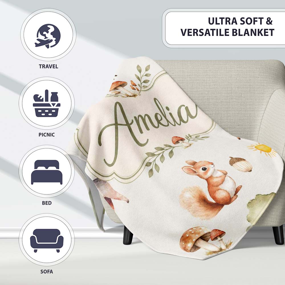 Woodland Deer Fox Squirrel Mushroom Forest Seamless Pattern Light Personalised Custom Name Super Soft Fleece Blanket Bed Sofa Throw
