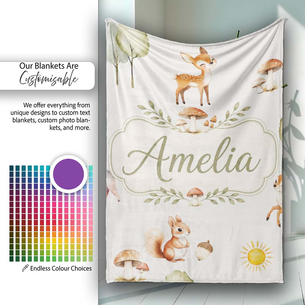 Woodland Deer Fox Squirrel Mushroom Forest Seamless Pattern Light Personalised Custom Name Super Soft Fleece Blanket Bed Sofa Throw