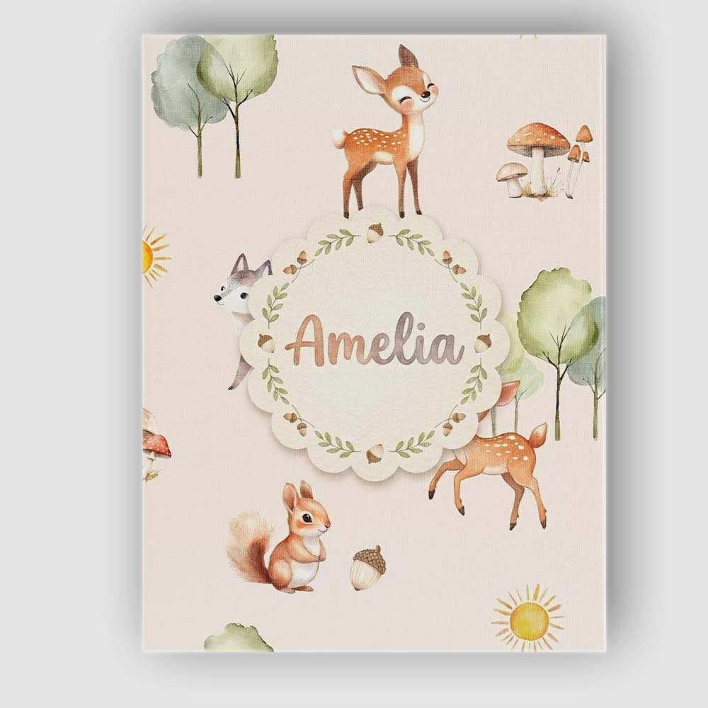 Personalised Name Woodland Deer Fox Squirrel Custom Bespoke Contemporary Display Canvas Wall Art Print Decor Picture Ready to Hang
