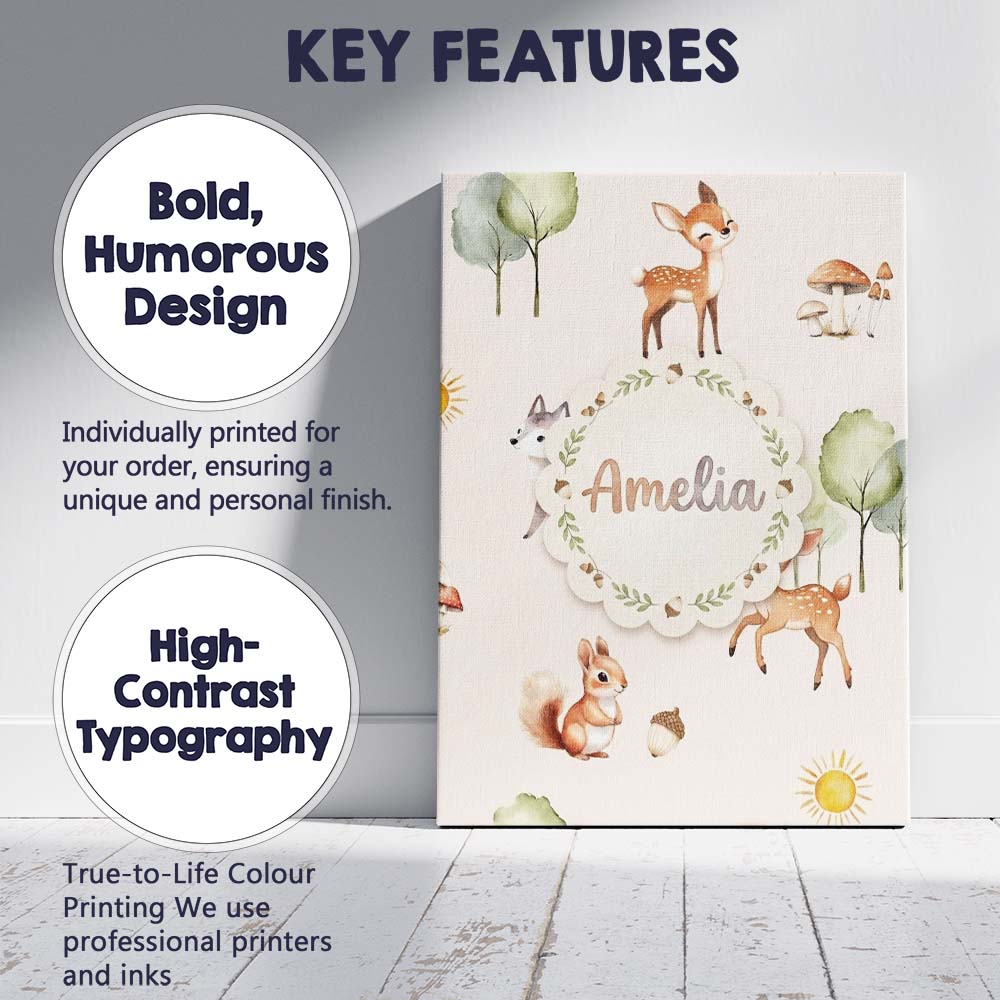 Personalised Name Woodland Deer Fox Squirrel Custom Bespoke Contemporary Display Canvas Wall Art Print Decor Picture Ready to Hang
