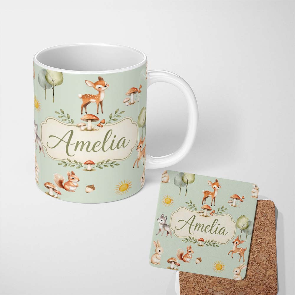 Personalized Custom Name Woodland Deer Fox Squirrel Mushroom Forest Seamless Pattern Sage 11oz Ceramic Coffee Tea Mug White Large Handle