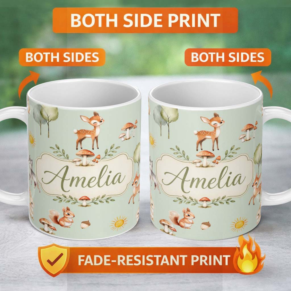 Personalized Custom Name Woodland Deer Fox Squirrel Mushroom Forest Seamless Pattern Sage 11oz Ceramic Coffee Tea Mug White Large Handle