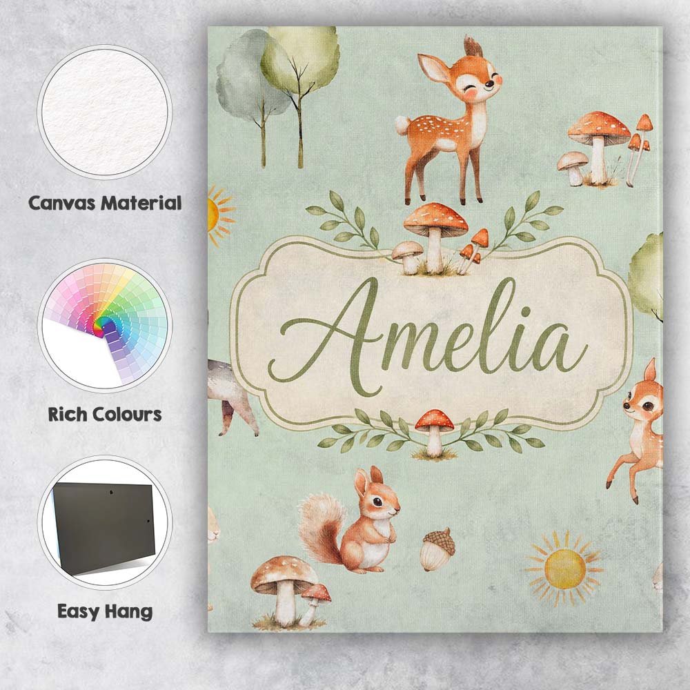 Personalised Name Woodland Deer Fox Squirrel Custom Bespoke Contemporary Display Canvas Wall Art Print Decor Picture Ready to Hang