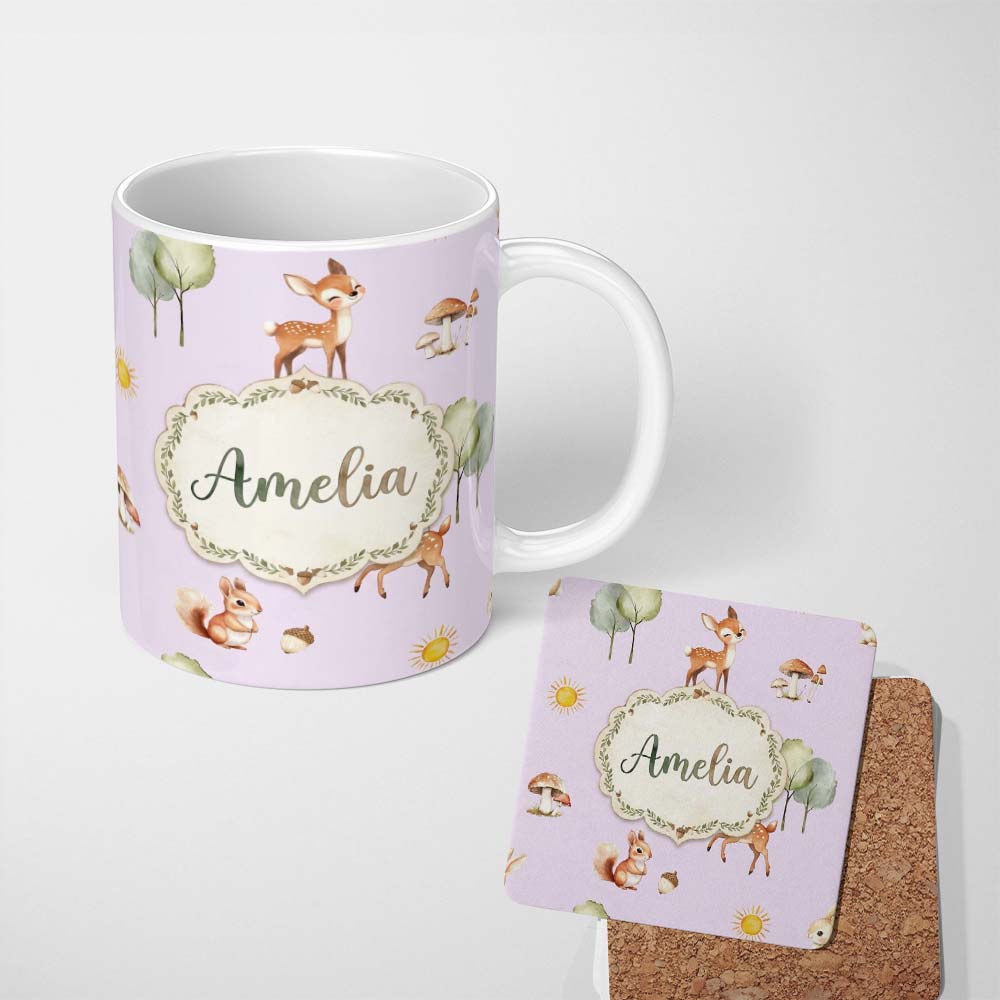 Personalized Custom Name Woodland Deer Fox Squirrel Mushroom Forest Seamless Pattern 11oz Ceramic Coffee Tea Mug White Large Handle
