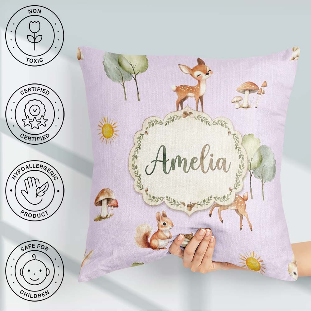 Custom Name Woodland Deer Fox Squirrel Mushroom Seamless Pattern Square Filled Cushion Throw Pillow Sofa Bed Home Decor Zip Washable UK Made