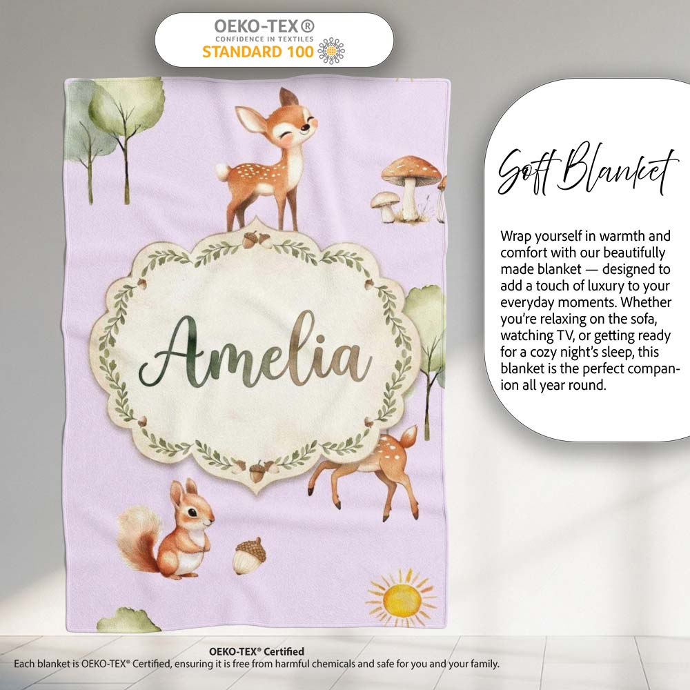 Woodland Deer Fox Squirrel Mushroom Forest Seamless Pattern Personalised Custom Name Super Soft Fleece Blanket Bed Sofa Throw