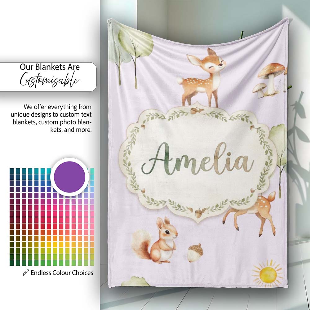 Woodland Deer Fox Squirrel Mushroom Forest Seamless Pattern Personalised Custom Name Super Soft Fleece Blanket Bed Sofa Throw