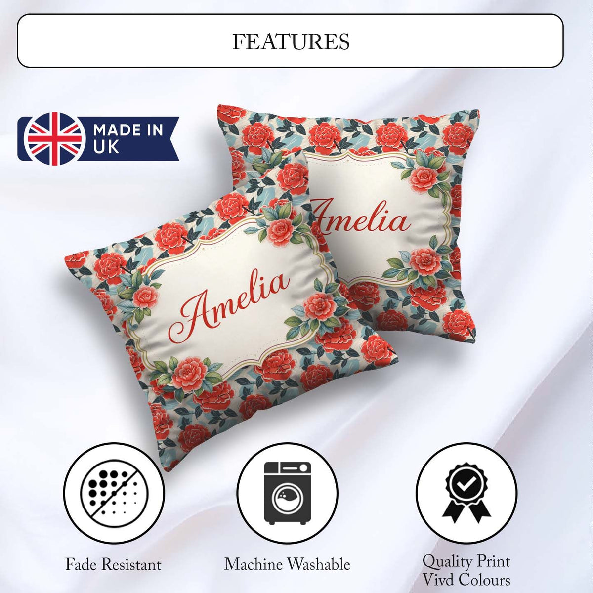 Custom Name Soft Pink Floral Blossom Seamless Pattern Decor Square Filled Cushion Throw Pillow Sofa Bed Home Decor Zip Washable UK Made