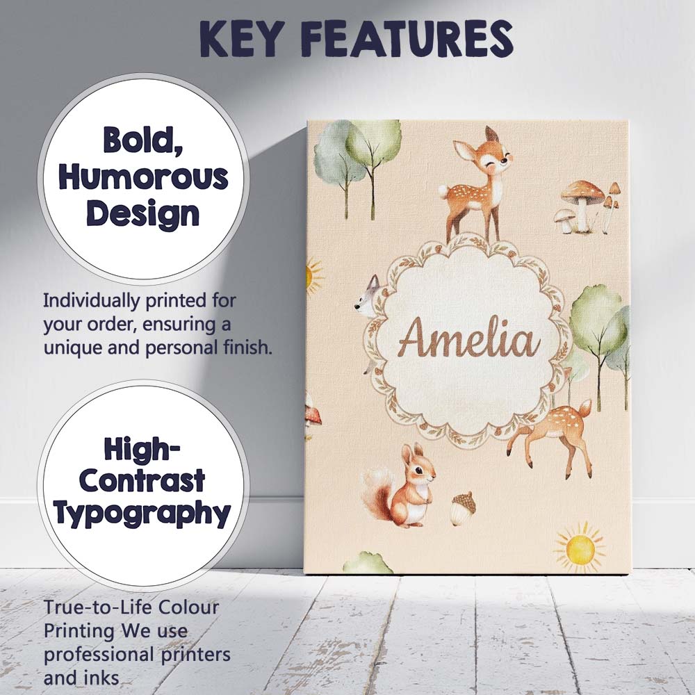 Personalised Name Woodland Deer Fox Squirrel Custom Bespoke Contemporary Display Canvas Wall Art Print Decor Picture Ready to Hang