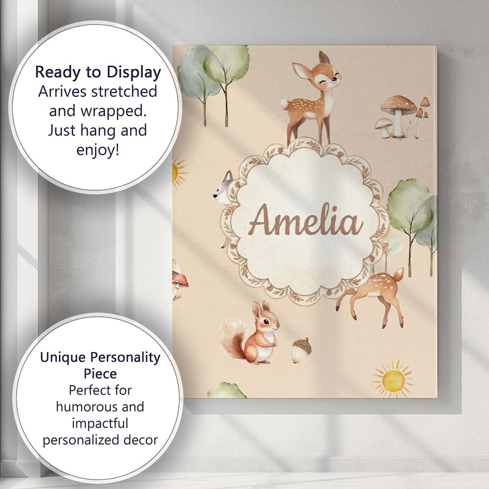 Personalised Name Woodland Deer Fox Squirrel Custom Bespoke Contemporary Display Canvas Wall Art Print Decor Picture Ready to Hang