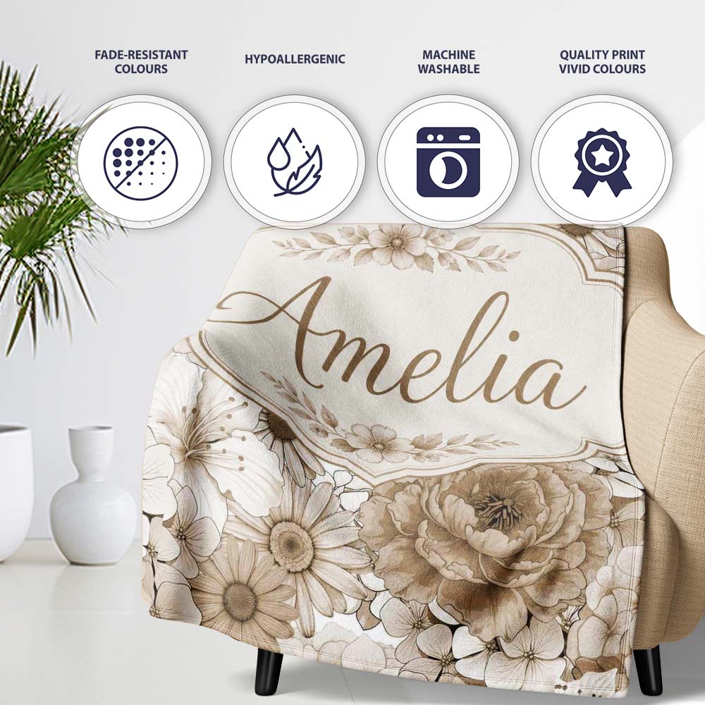 Elegant Vintage Floral Roses Peonies Daisy Seamless Pattern Neutral Personalised Custom Name Super Soft Fleece Blanket Bed Sofa Throw