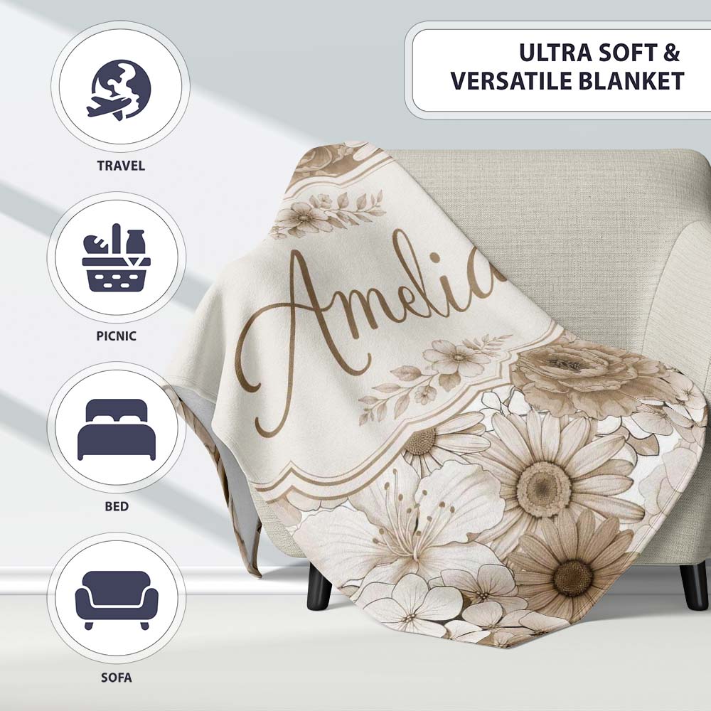 Elegant Vintage Floral Roses Peonies Daisy Seamless Pattern Neutral Personalised Custom Name Super Soft Fleece Blanket Bed Sofa Throw