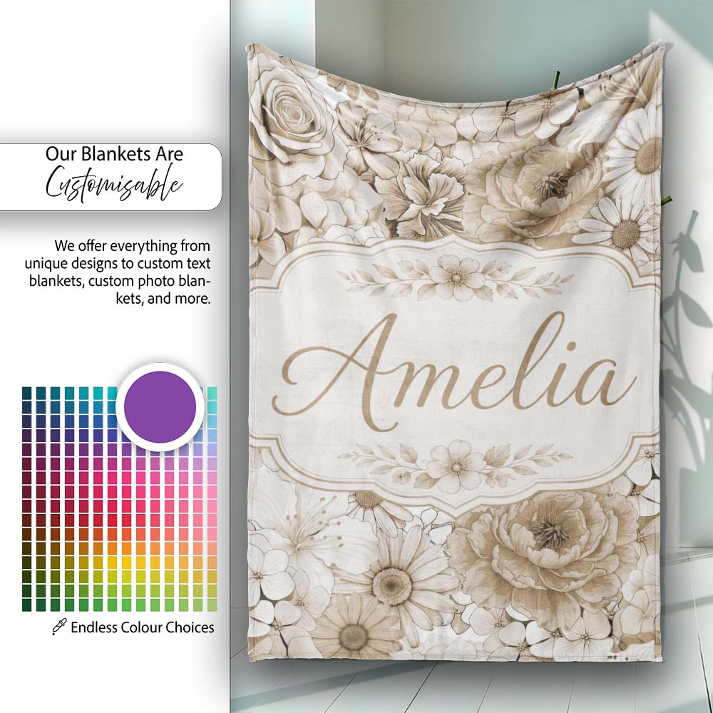 Elegant Vintage Floral Roses Peonies Daisy Seamless Pattern Neutral Personalised Custom Name Super Soft Fleece Blanket Bed Sofa Throw
