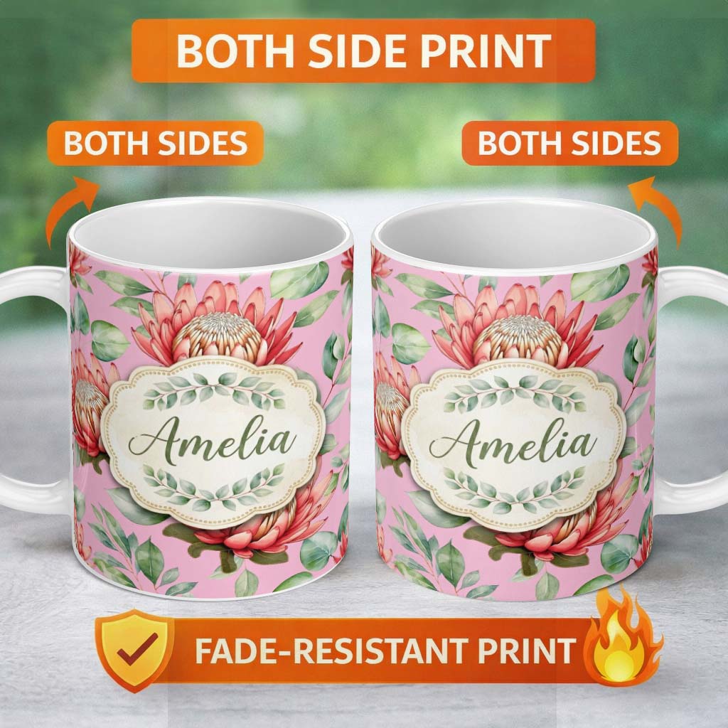 Personalized Custom Name Tropical Protea Flowers Green Leaves Seamless Pattern Pink 11oz Ceramic Coffee Tea Mug White Large Handle