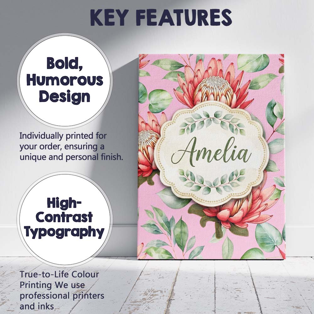 Personalised Name Tropical Protea Flowers Custom Unique Gift Idea Elegant Feature Canvas Wall Art Print Decor Picture Ready to Hang