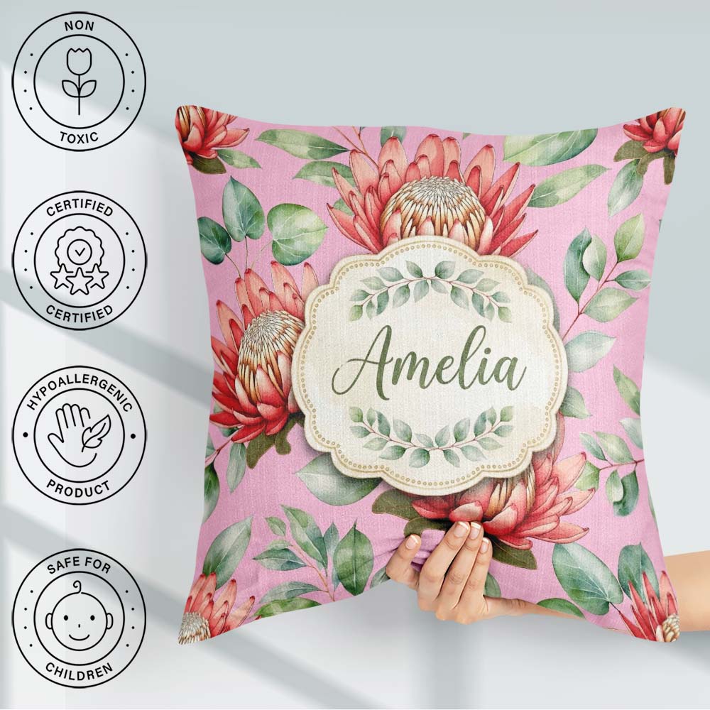 Custom Name Tropical Protea Flowers Leaves Seamless Pattern Pink Square Filled Cushion Throw Pillow Sofa Bed Home Decor Zip Washable UK Made