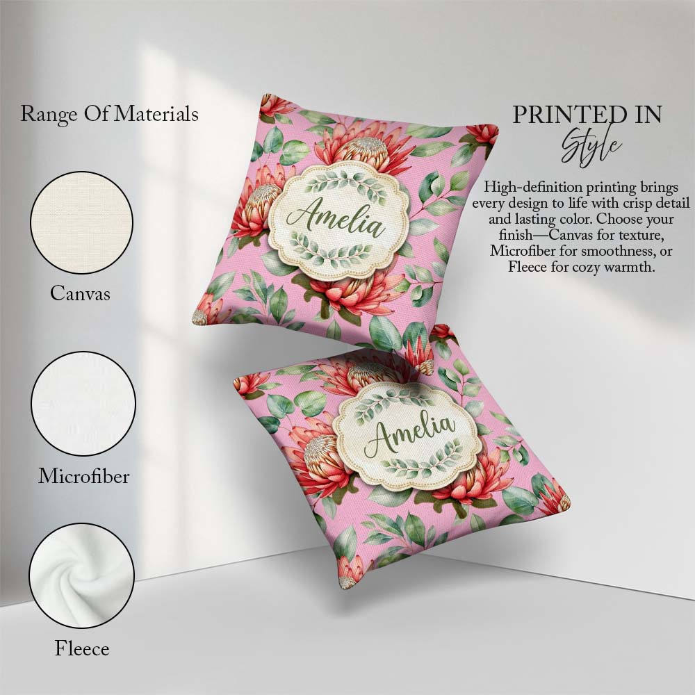 Custom Name Tropical Protea Flowers Leaves Seamless Pattern Pink Square Filled Cushion Throw Pillow Sofa Bed Home Decor Zip Washable UK Made