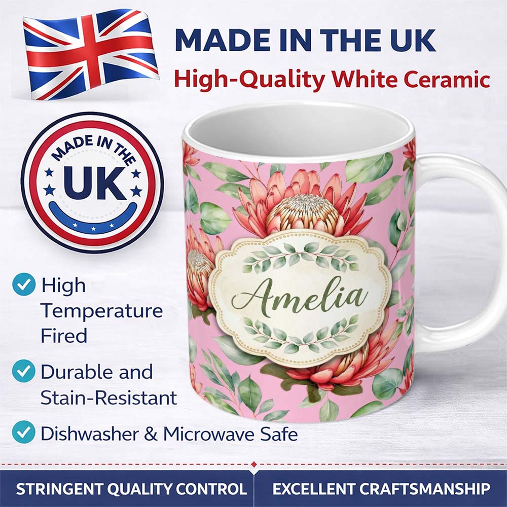 Personalized Custom Name Tropical Protea Flowers Green Leaves Seamless Pattern Pink 11oz Ceramic Coffee Tea Mug White Large Handle