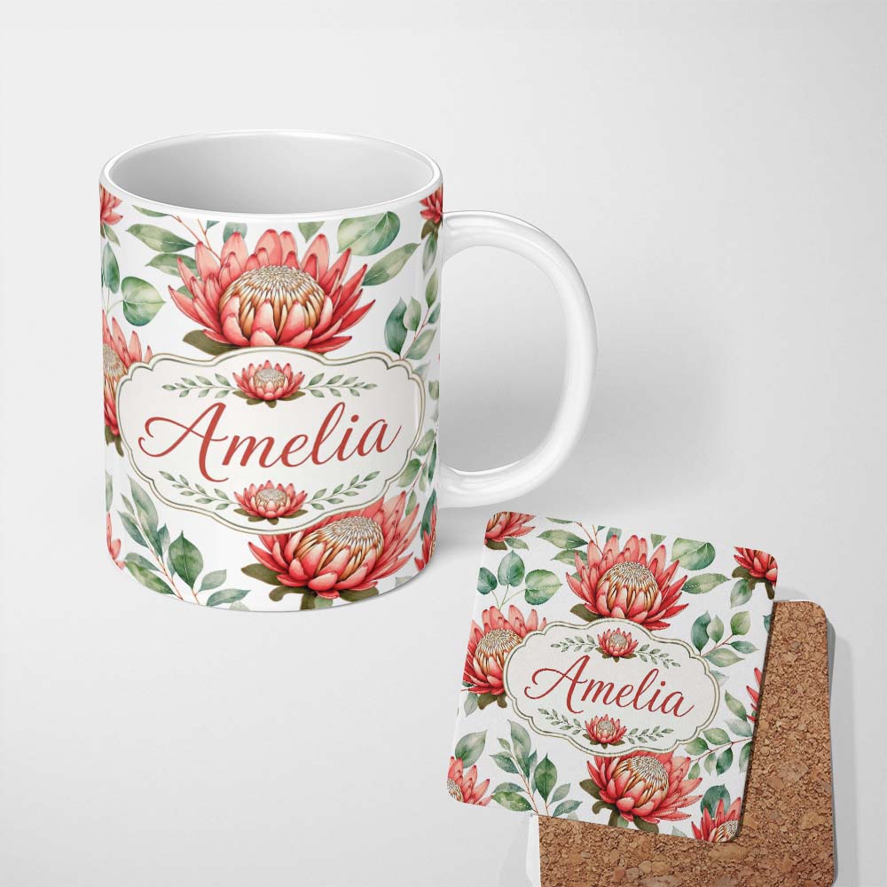 Personalized Custom Name Tropical Protea Flowers Green Leaves Seamless Pattern White 11oz Ceramic Coffee Tea Mug White Large Handle