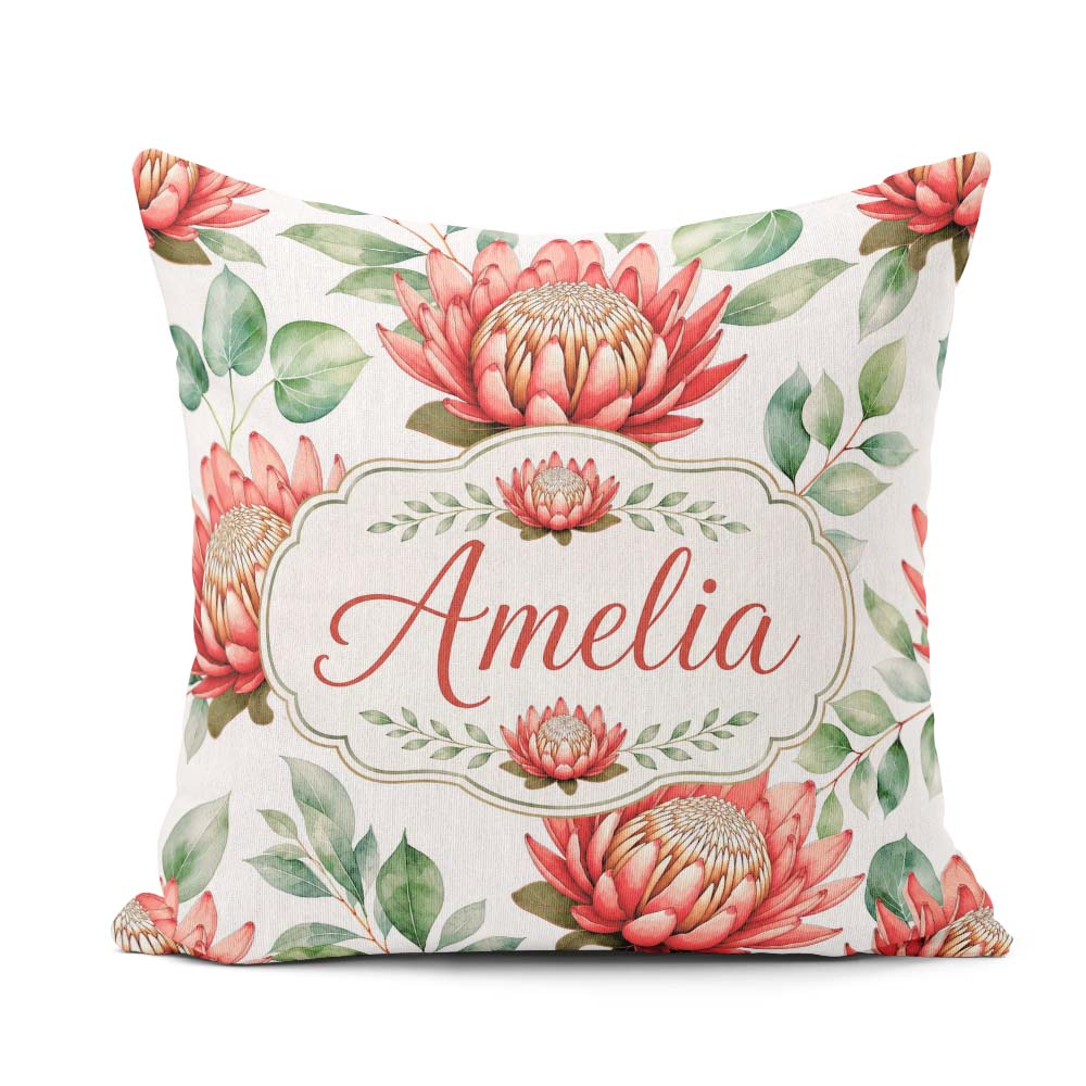 Custom Name Tropical Protea Flowers Green Seamless Pattern White Square Filled Cushion Throw Pillow Sofa Bed Home Decor Zip Washable UK Made