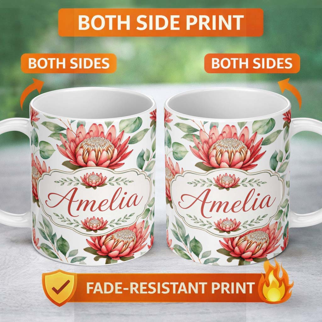 Personalized Custom Name Tropical Protea Flowers Green Leaves Seamless Pattern White 11oz Ceramic Coffee Tea Mug White Large Handle