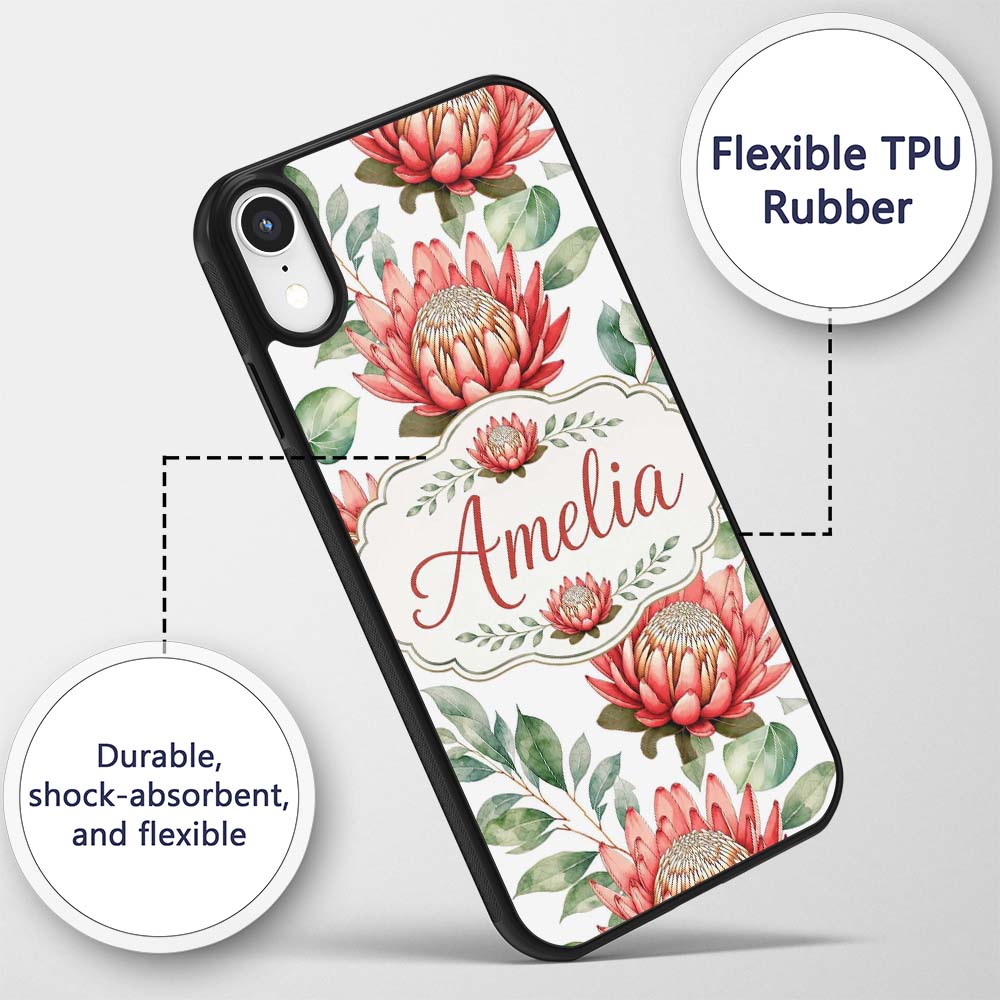Tropical Protea Flowers Green Leaves Seamless Custom Name Protective Phone Case Mobile Cover Durable Everyday Smartphone Shock Resistant