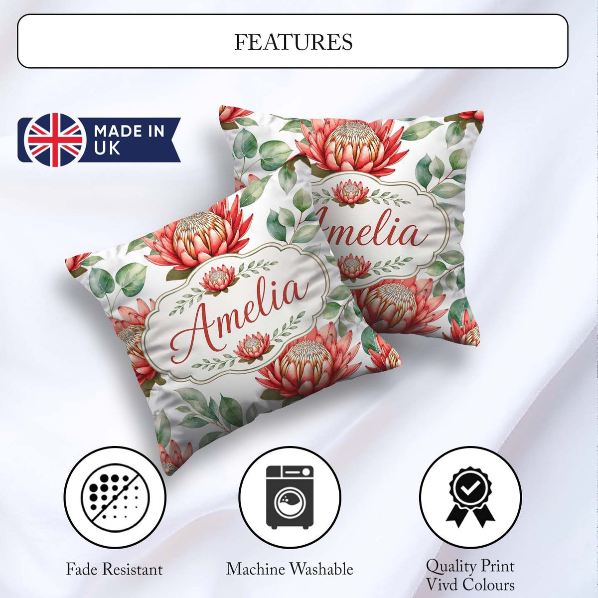 Custom Name Tropical Protea Flowers Green Seamless Pattern White Square Filled Cushion Throw Pillow Sofa Bed Home Decor Zip Washable UK Made