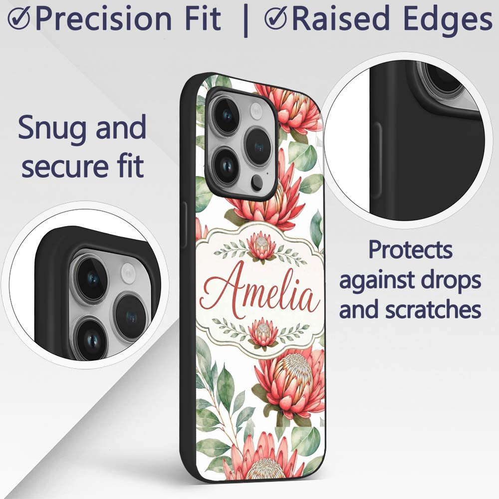 Tropical Protea Flowers Green Leaves Seamless Custom Name Protective Phone Case Mobile Cover Durable Everyday Smartphone Shock Resistant