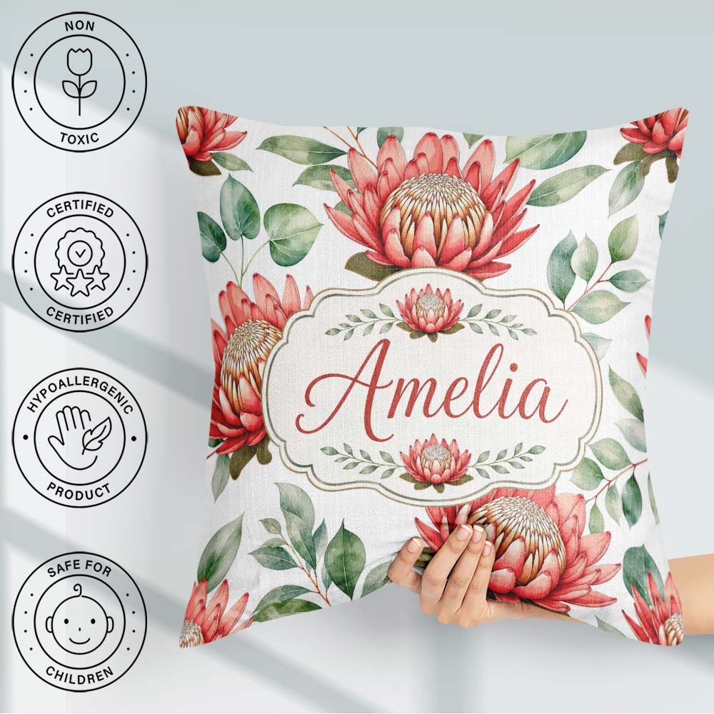 Custom Name Tropical Protea Flowers Green Seamless Pattern White Square Filled Cushion Throw Pillow Sofa Bed Home Decor Zip Washable UK Made