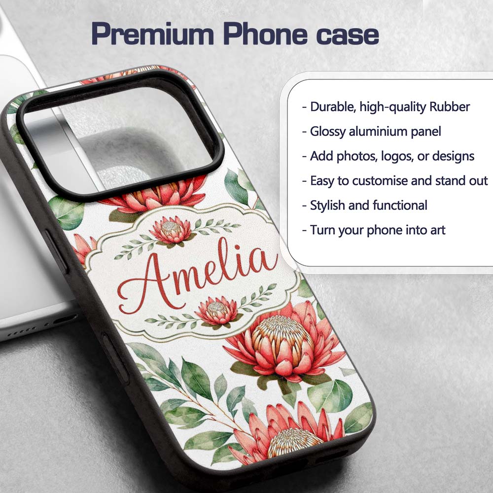 Tropical Protea Flowers Green Leaves Seamless Custom Name Protective Phone Case Mobile Cover Durable Everyday Smartphone Shock Resistant