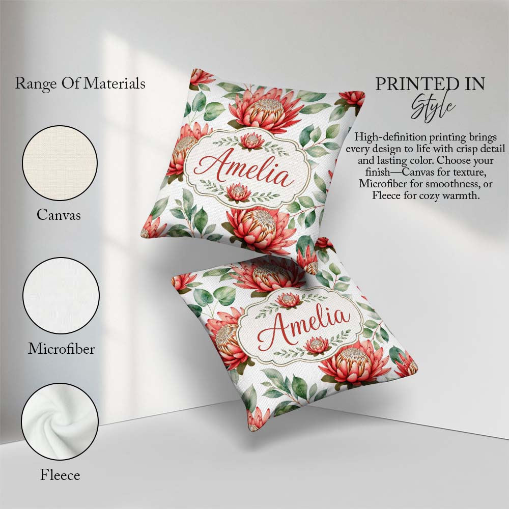 Custom Name Tropical Protea Flowers Green Seamless Pattern White Square Filled Cushion Throw Pillow Sofa Bed Home Decor Zip Washable UK Made