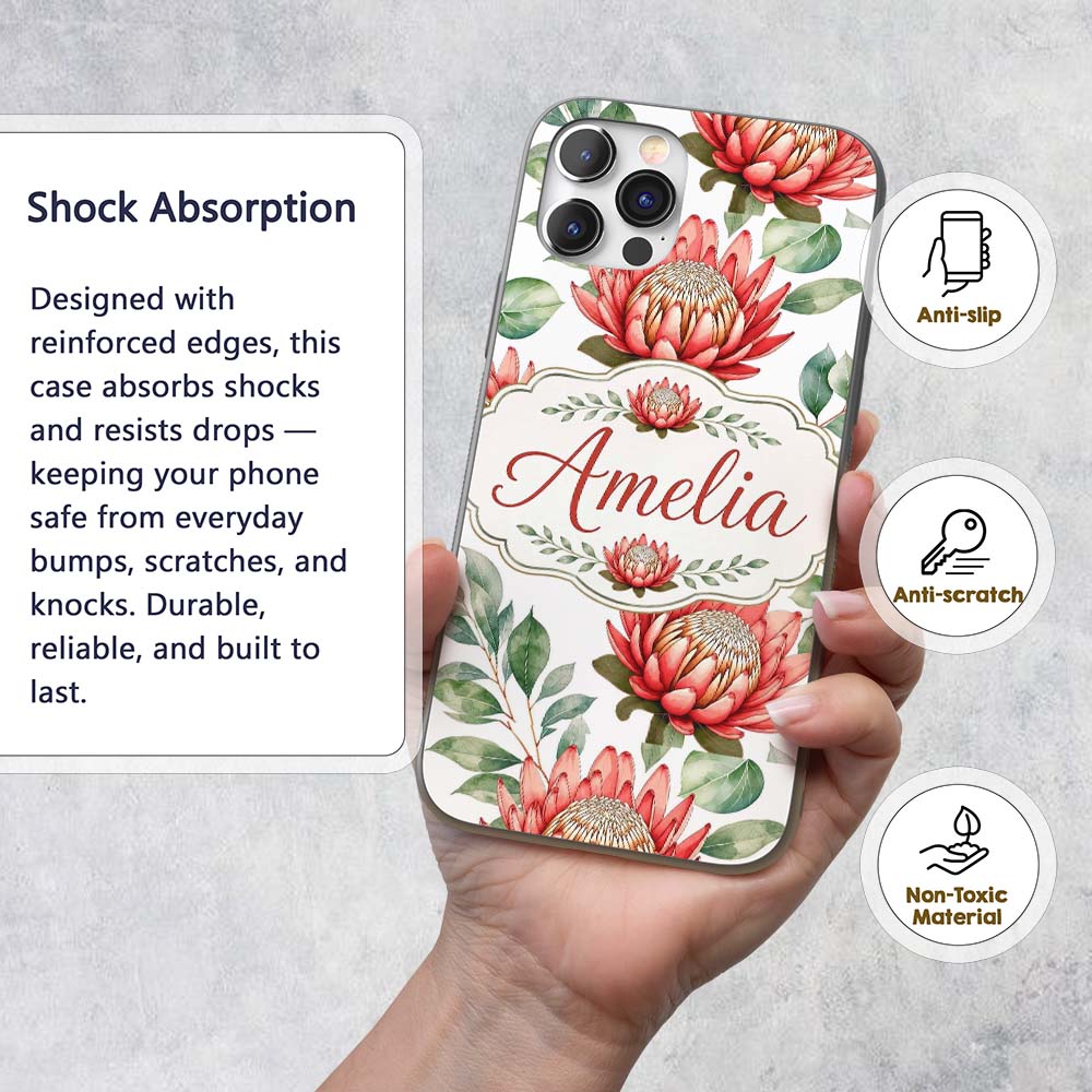 Tropical Protea Flowers Green Leaves Seamless Custom Name Protective Phone Case Mobile Cover Durable Everyday Smartphone Shock Resistant