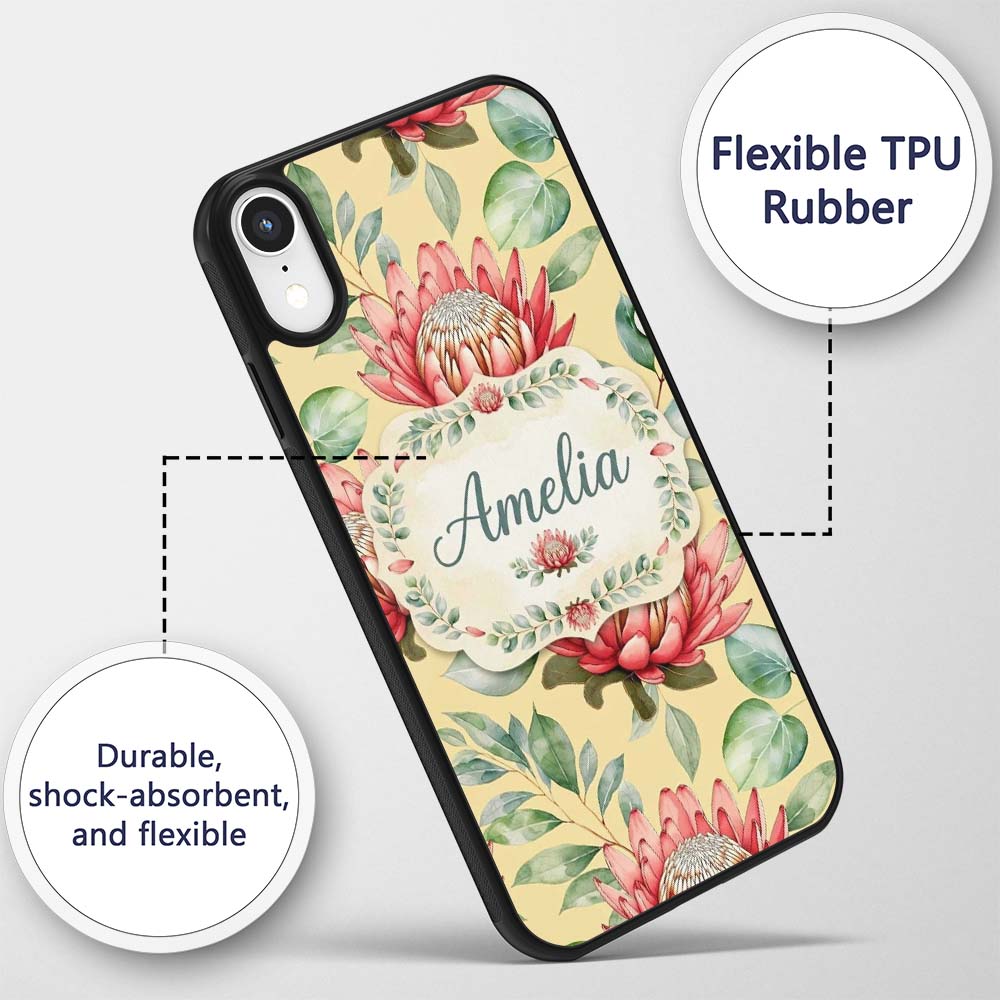 Tropical Protea Flowers Green Leaves Seamless Custom Name Protective Phone Case Mobile Cover Durable Everyday Smartphone Shock Resistant
