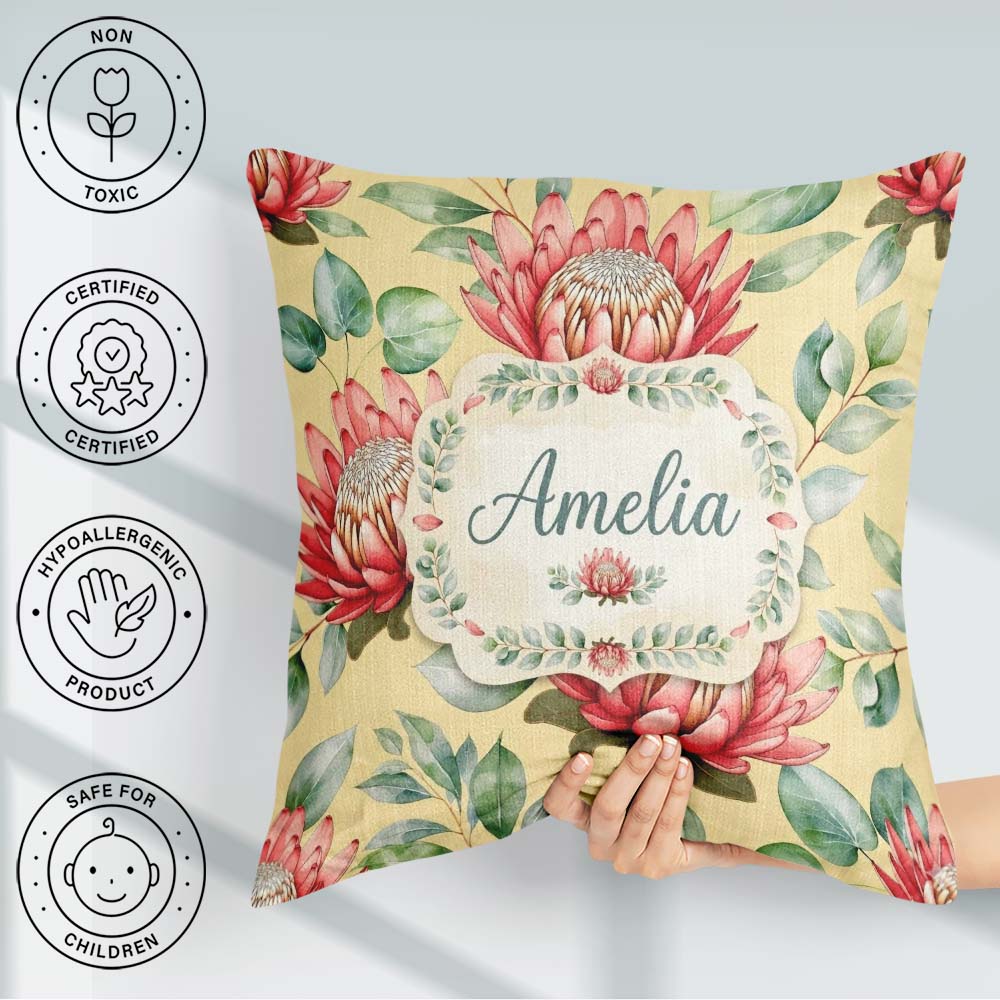 Custom Name Tropical Protea Flowers Green Leaves Seamless Yellow Square Filled Cushion Throw Pillow Sofa Bed Home Decor Zip Washable UK Made