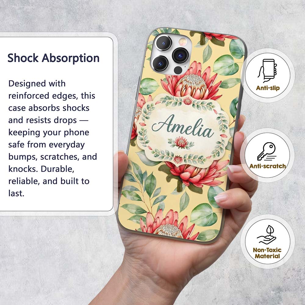 Tropical Protea Flowers Green Leaves Seamless Custom Name Protective Phone Case Mobile Cover Durable Everyday Smartphone Shock Resistant
