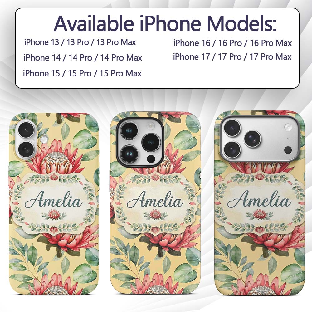 Tropical Protea Flowers Green Leaves Seamless Custom Name Protective Phone Case Mobile Cover Durable Everyday Smartphone Shock Resistant