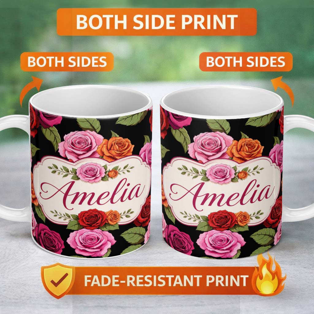 Personalized Custom Name Bold Colorful Rose Flowers Seamless Pattern Black Background Name 11oz Ceramic Coffee Tea Mug White Large Handle