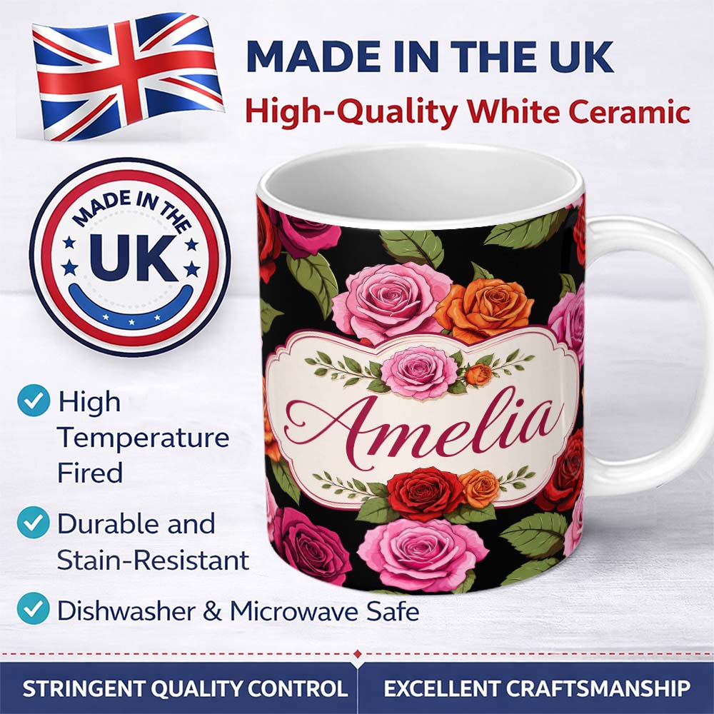 Personalized Custom Name Bold Colorful Rose Flowers Seamless Pattern Black Background Name 11oz Ceramic Coffee Tea Mug White Large Handle
