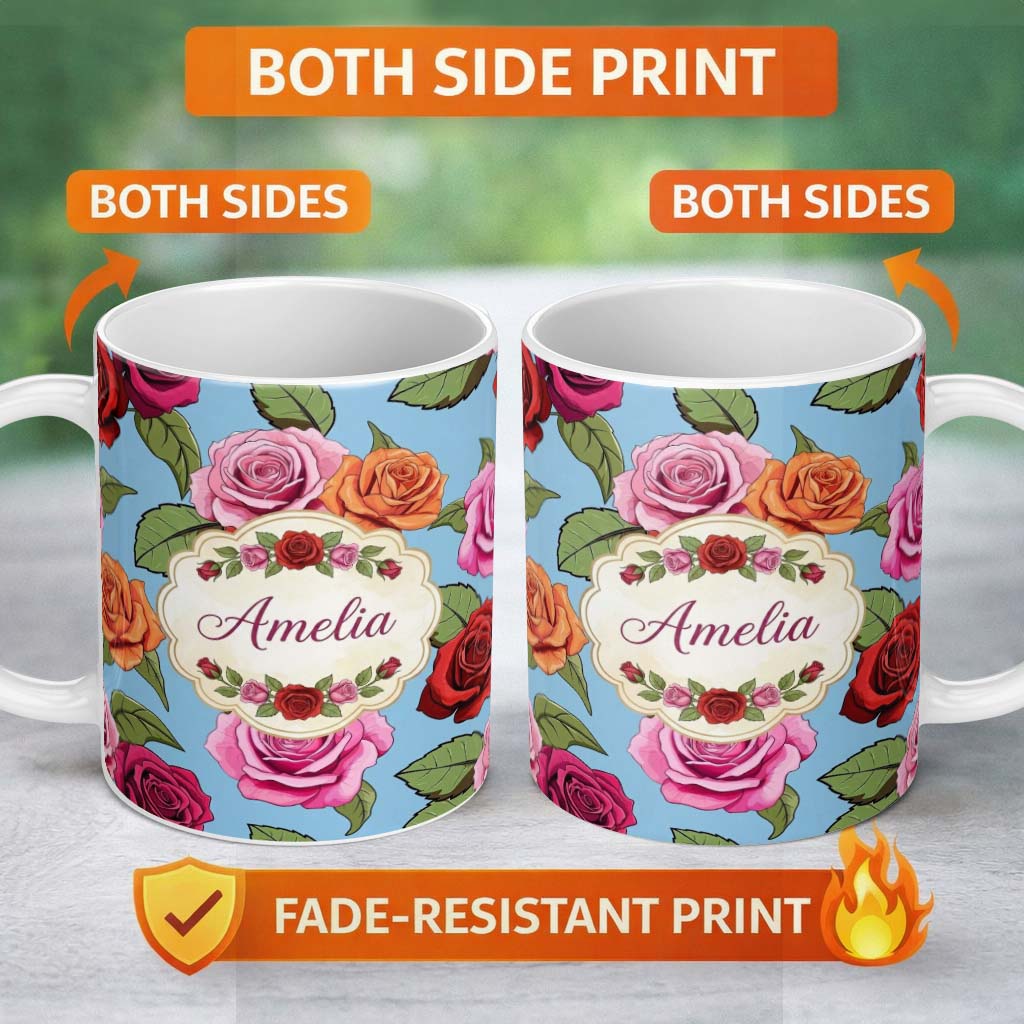 Personalized Custom Name Bold Colorful Rose Flowers Seamless Pattern Blue Background Name 11oz Ceramic Coffee Tea Mug White Large Handle