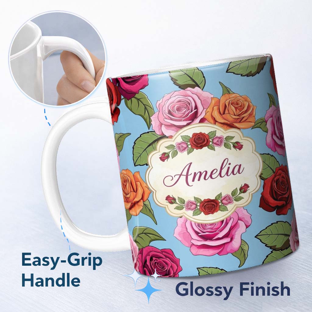 Personalized Custom Name Bold Colorful Rose Flowers Seamless Pattern Blue Background Name 11oz Ceramic Coffee Tea Mug White Large Handle