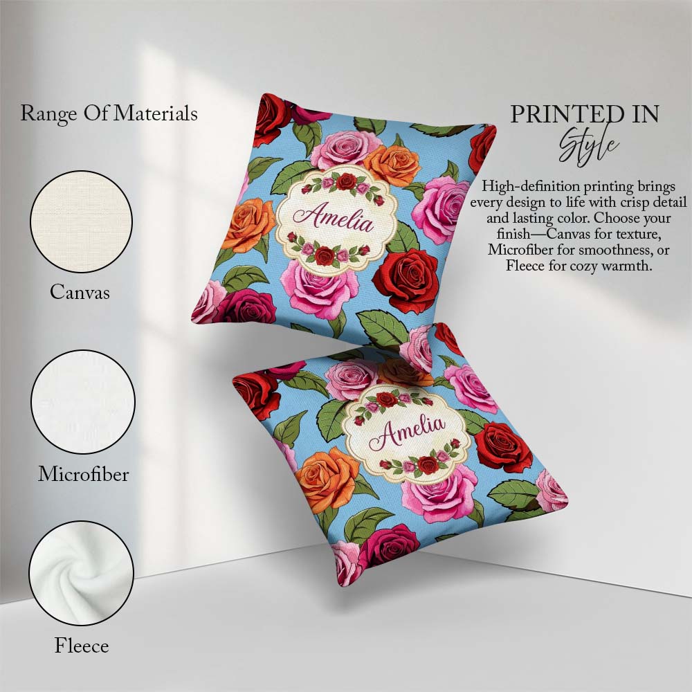 Custom Name Bold Colorful Rose Flowers Seamless Blue Background Square Filled Cushion Throw Pillow Sofa Bed Home Decor Zip Washable UK Made